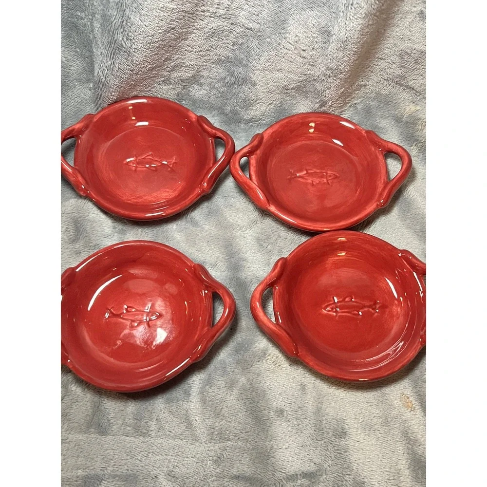 Pottery Barn Red Paella Dishes Set of 4 Fish Embossed Handled Bowls 5in Bakeware